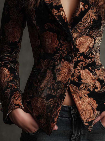 Sienna | Black and Bronze Floral Print Tailored Blazer
