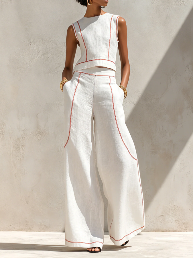 Camille | Minimalist Linen-Blend Blouse & Wide-Leg Pants Set