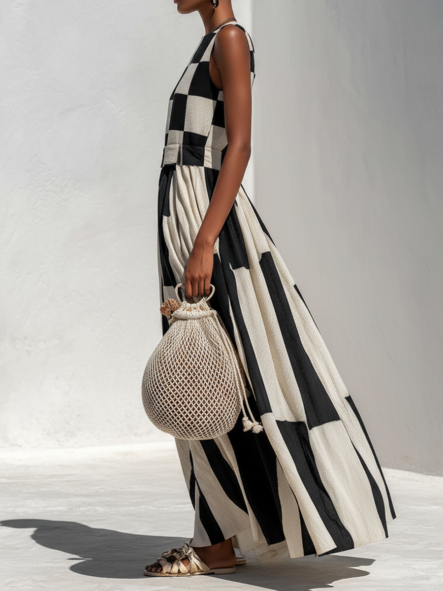 Noelle | Fashionable Check and Stripe Pattern Sleeveless Maxi Dress