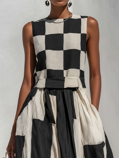 Noelle | Fashionable Check and Stripe Pattern Sleeveless Maxi Dress