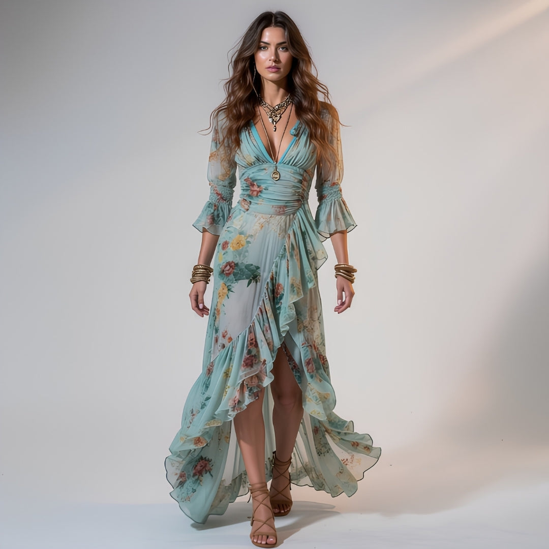 Serena | Floral Ruffle Chiffon Maxi Dress