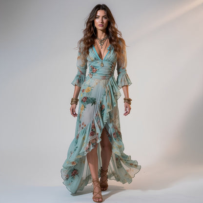 Serena | Floral Ruffle Chiffon Maxi Dress