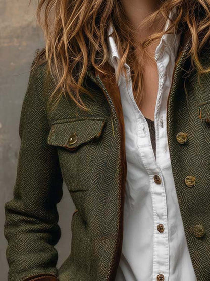 Aurelia | Vintage Herringbone Contrast Trim Blazer