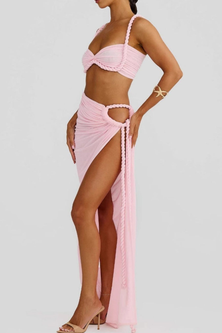 Solid Backless Hollow Beach Maxi Skirt Set