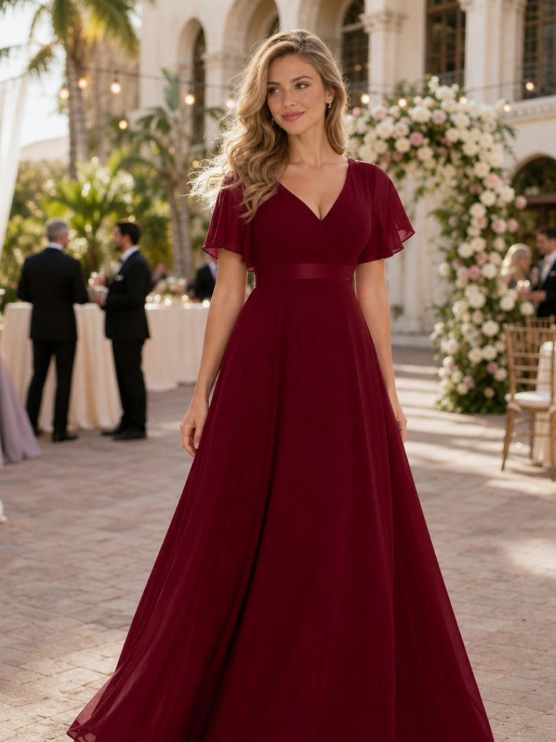 Mige | Short Flutter Sleeve Defined Waist Maxi Dress