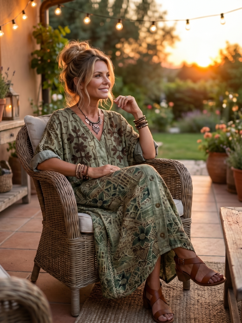 Aleta | Robe Midi Oversize Boutonnée Brodée avec Poches