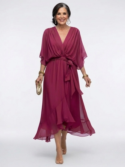 Elysia | Draped V-Neck Tie-Waist Midi Dress