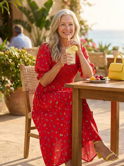 Delphine | Square-Neck Floral Print Midi Dress