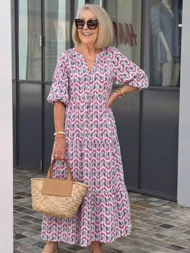 Mireya | Robe Midi à Étages Manches Longues Imprimé Géométrique