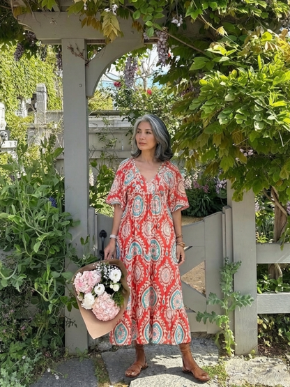 Zaria | Paisley V-Neck Short-Sleeve Midi Dress