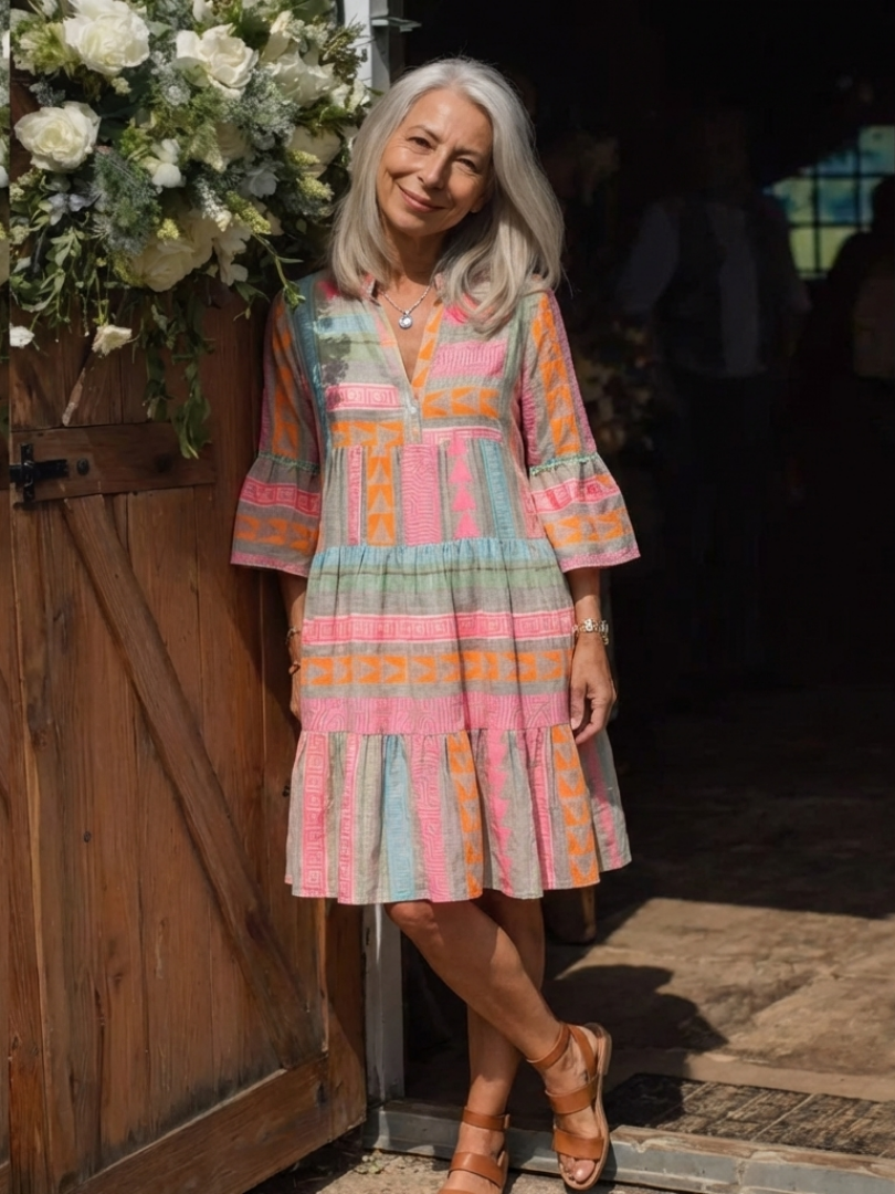 Maelle | Geometric V-Neck Knee-Length Dress
