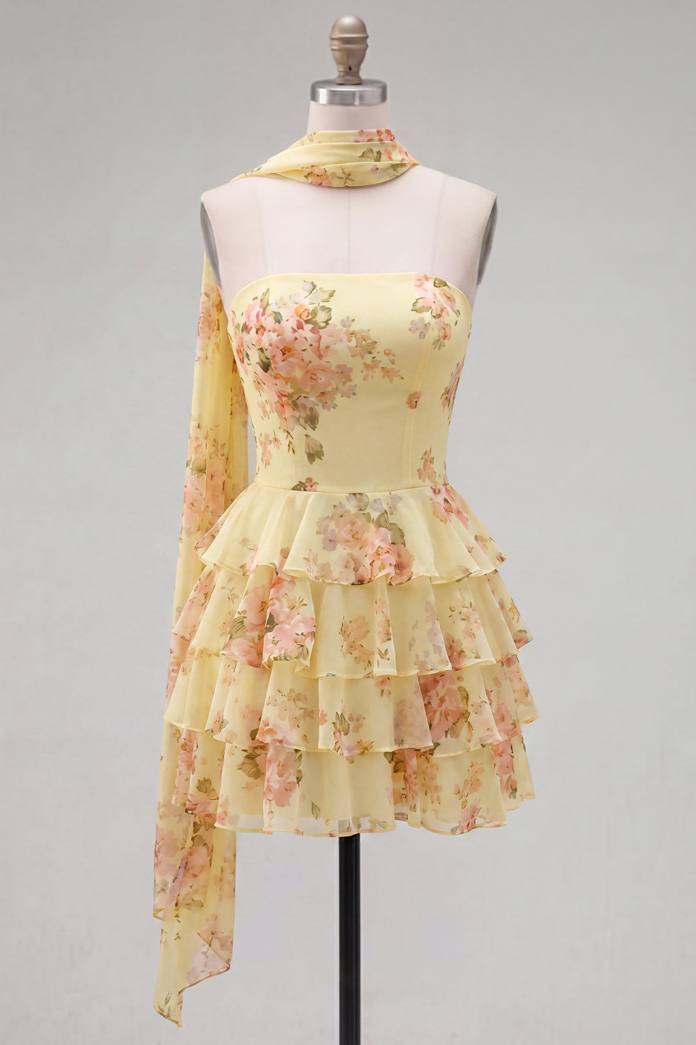 Yellow Floral Strapless Tiered Ruffle a-Line Dress with Neck Chiffon Scarf