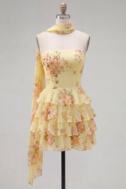 Yellow Floral Strapless Tiered Ruffle a-Line Dress with Neck Chiffon Scarf