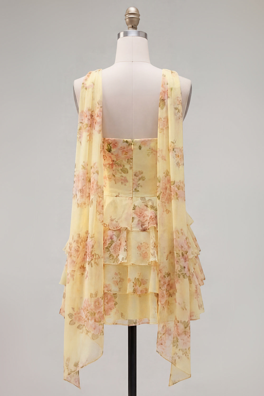 Yellow Floral Strapless Tiered Ruffle a-Line Dress with Neck Chiffon Scarf