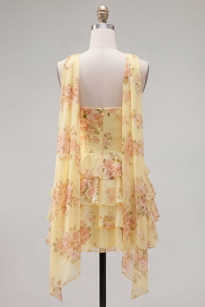 Yellow Floral Strapless Tiered Ruffle a-Line Dress with Neck Chiffon Scarf