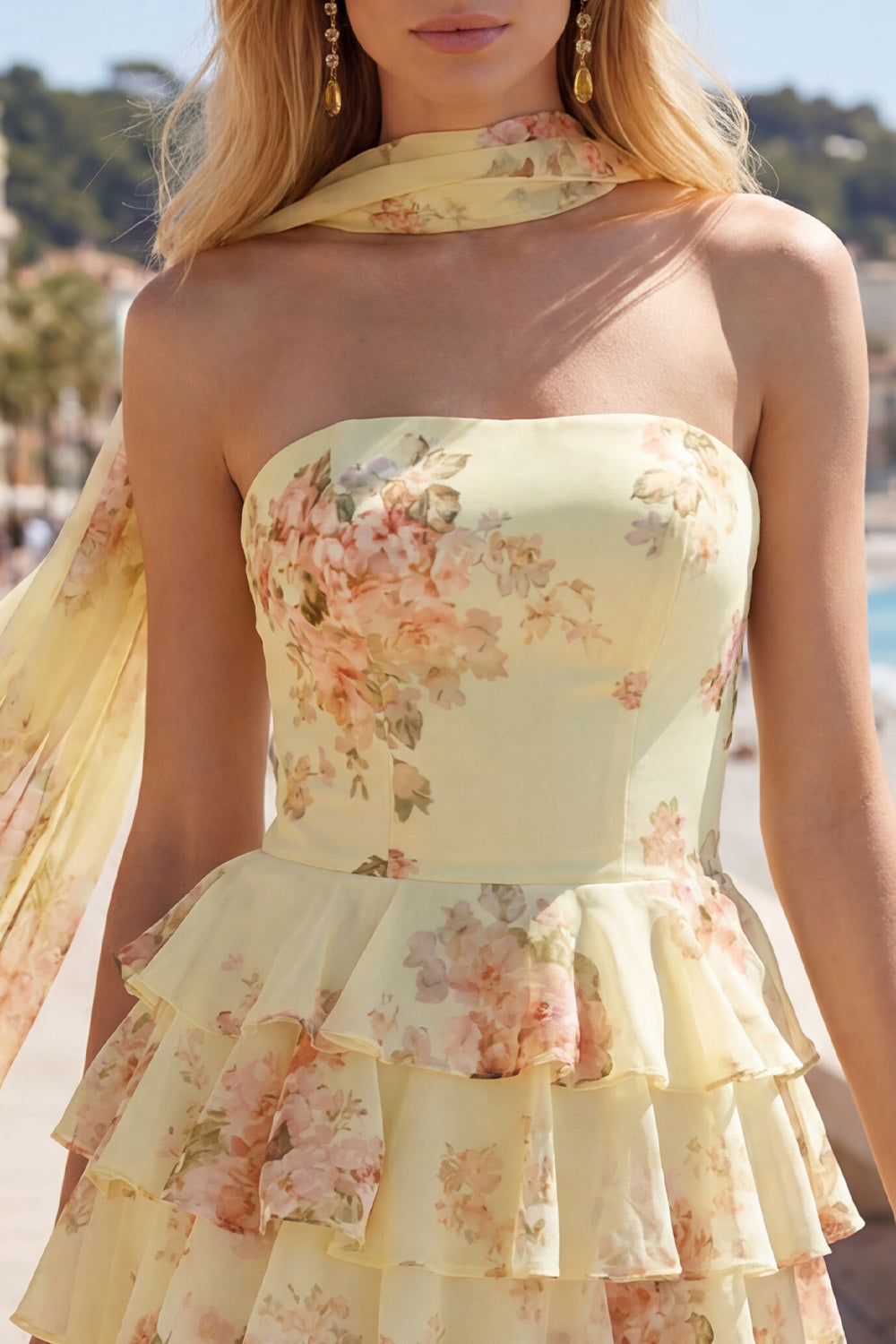 Yellow Floral Strapless Tiered Ruffle a-Line Dress with Neck Chiffon Scarf