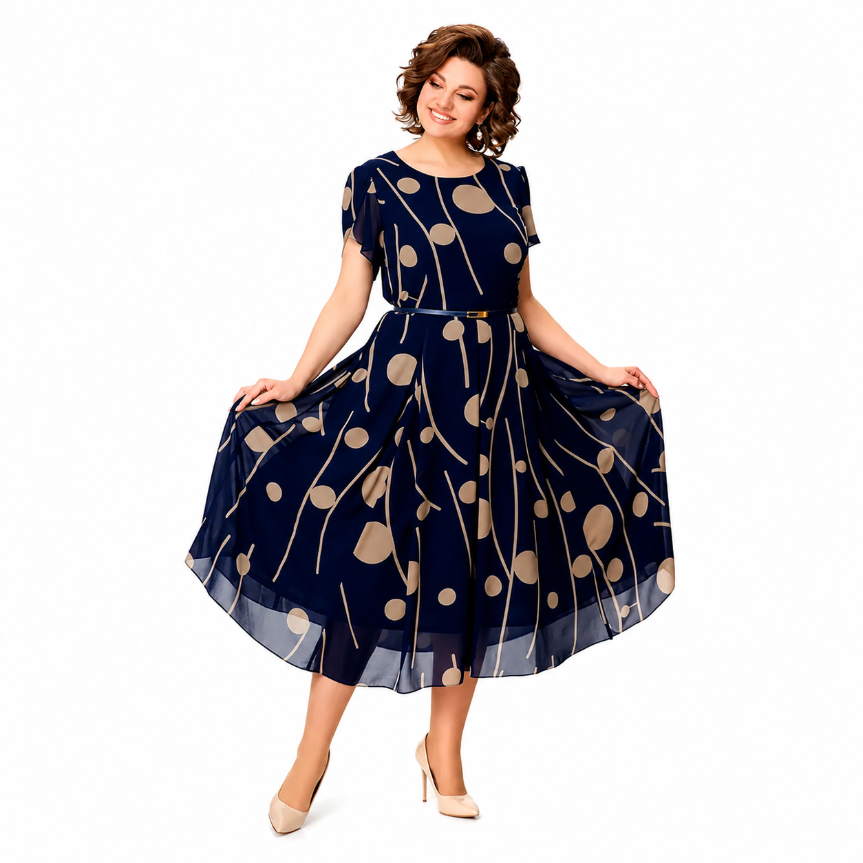 MAEVE - NAVY POLKA DOT PRINT CHIFFON MIDI DRESS
