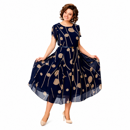 MAEVE - NAVY POLKA DOT PRINT CHIFFON MIDI DRESS