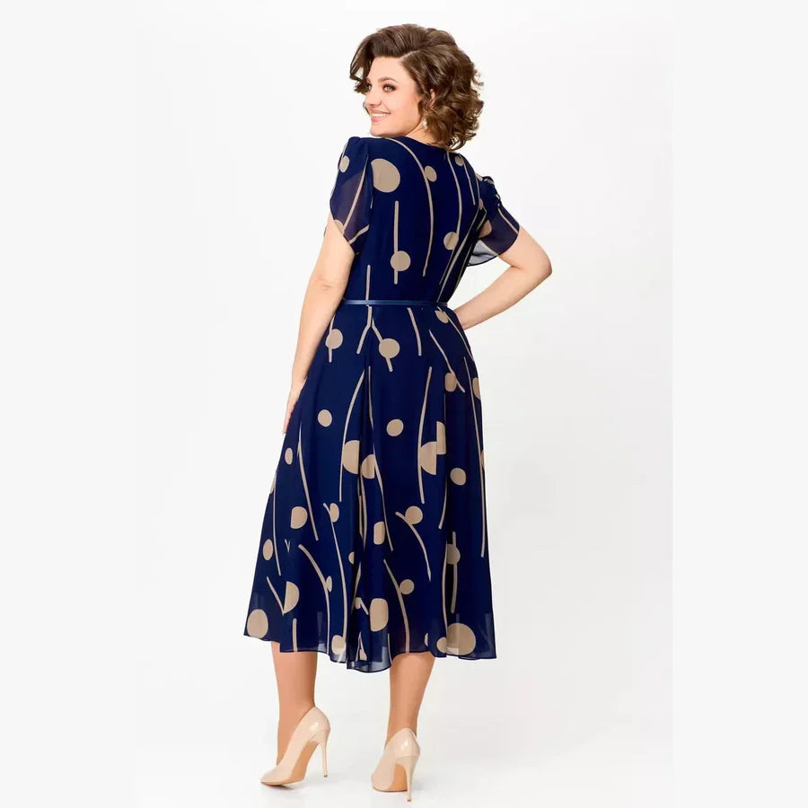 Angela | NAVY POLKA DOT PRINT CHIFFON MIDI DRESS