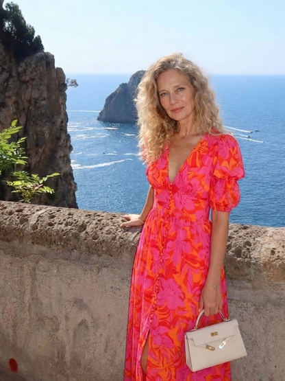 Willow | Floral V-Neck Puff-Sleeve Midi Dress