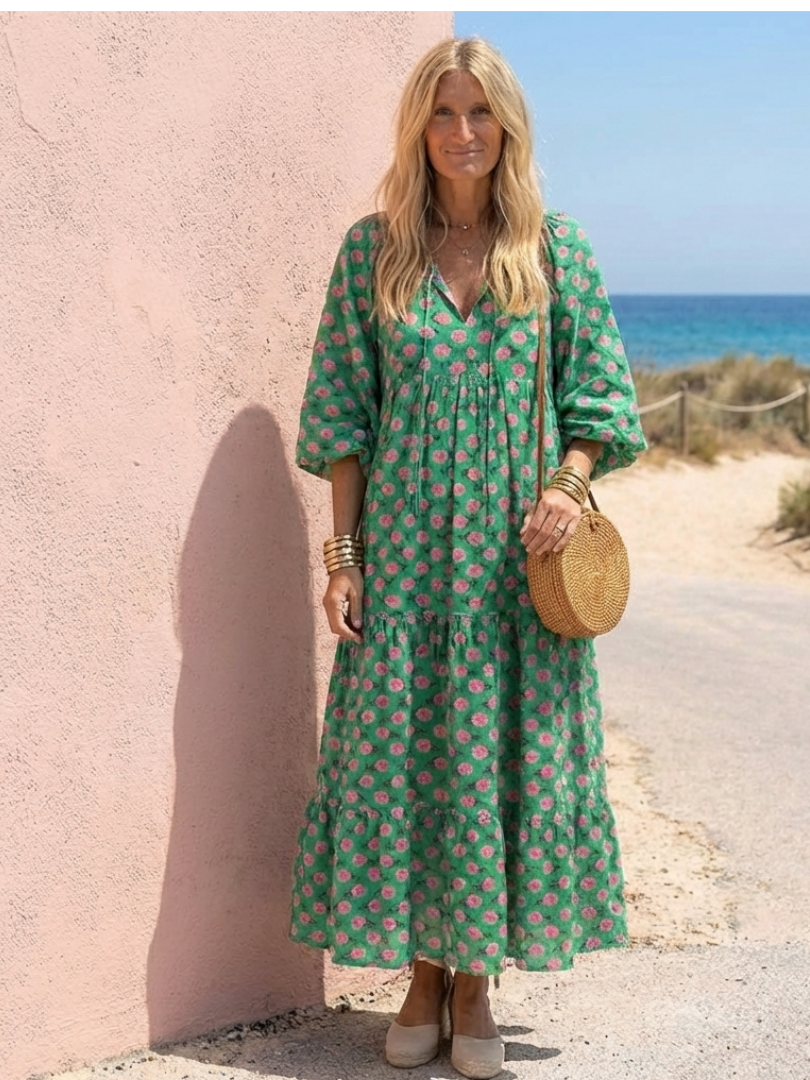 Fiora | Robe Midi à Étages Col V Imprimé Floral
