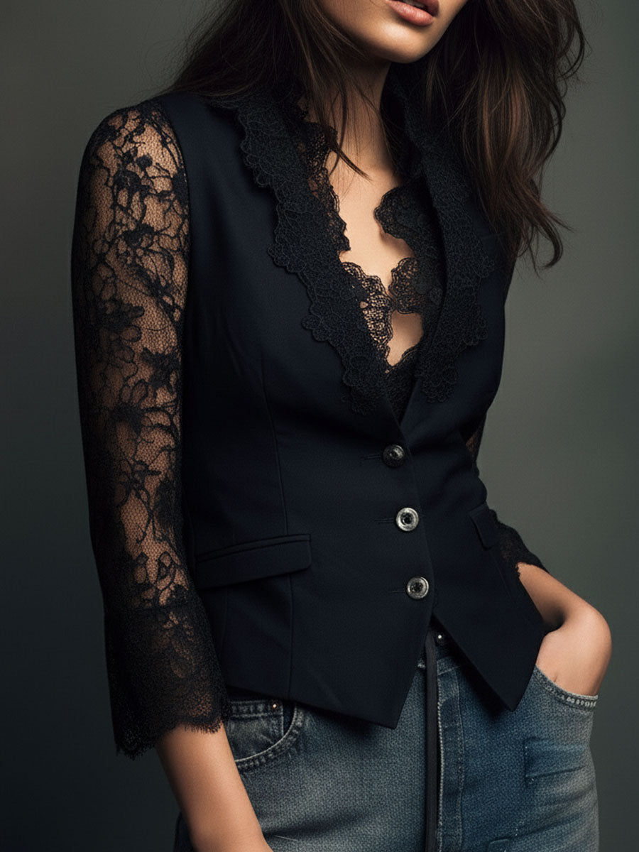 Camille | Black Sheer Sleeve Blazer Top