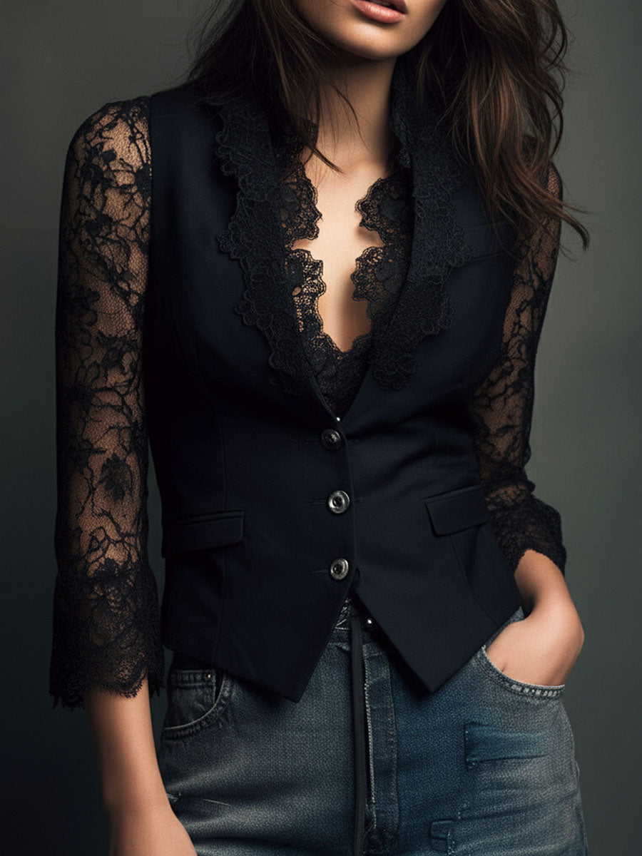 Camille | Black Sheer Sleeve Blazer Top