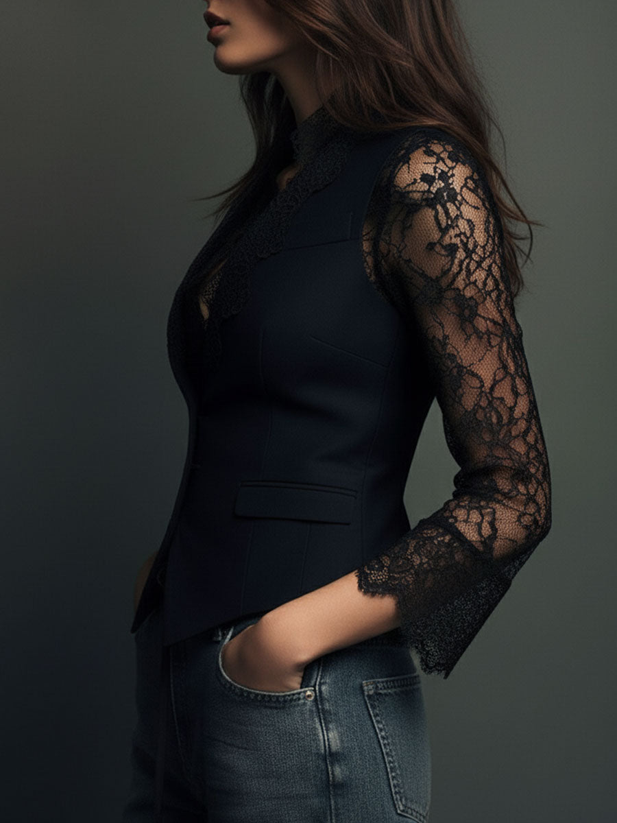 Camille | Black Sheer Sleeve Blazer Top
