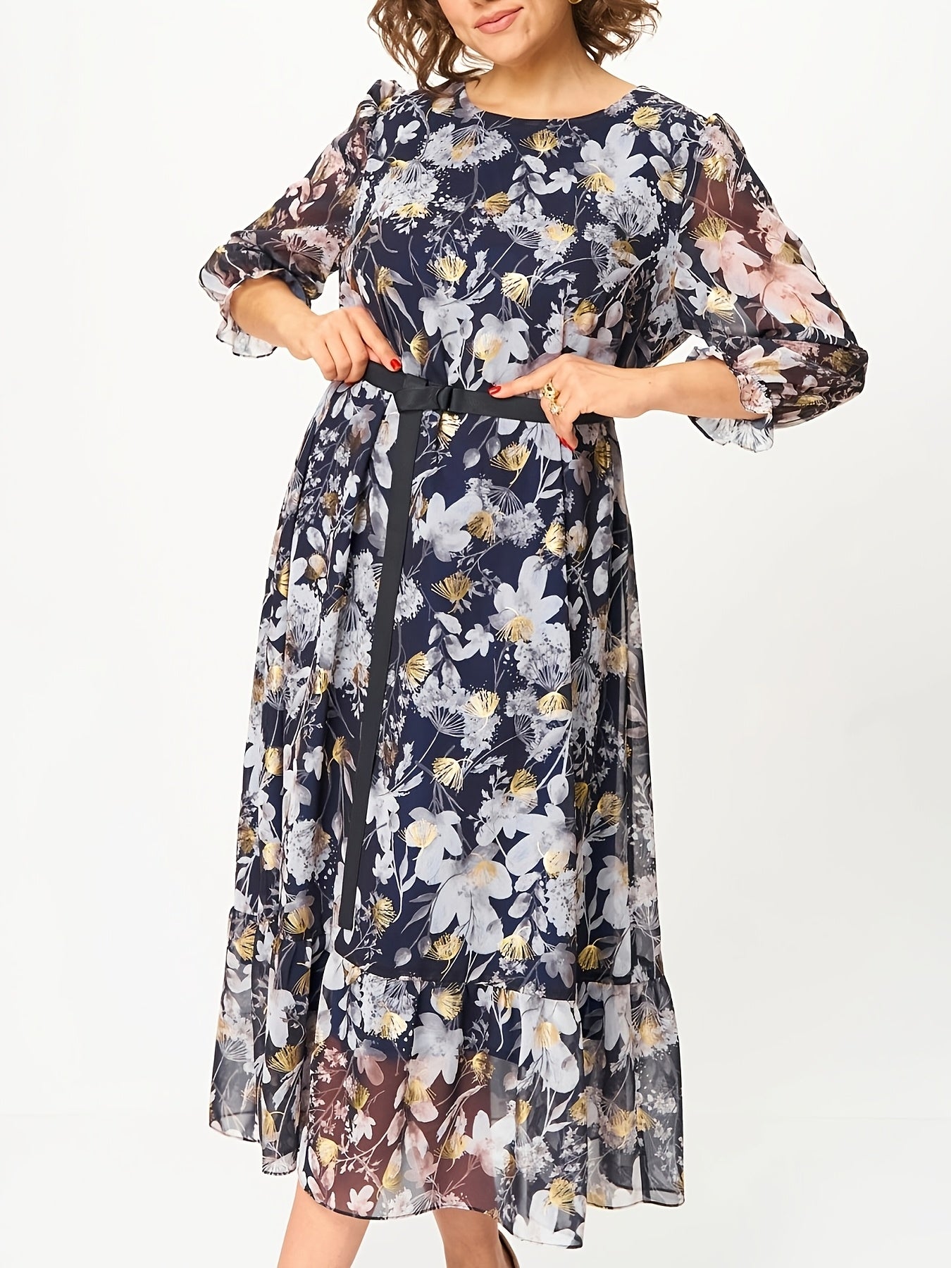Aurelia | Golden Floral Chiffon Dress