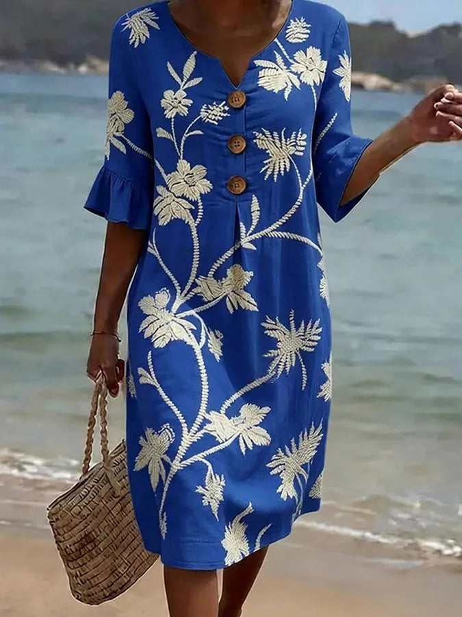 Azure Bloom Button Midi Dress