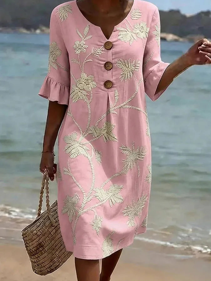 Pink Floral Button Midi Dress