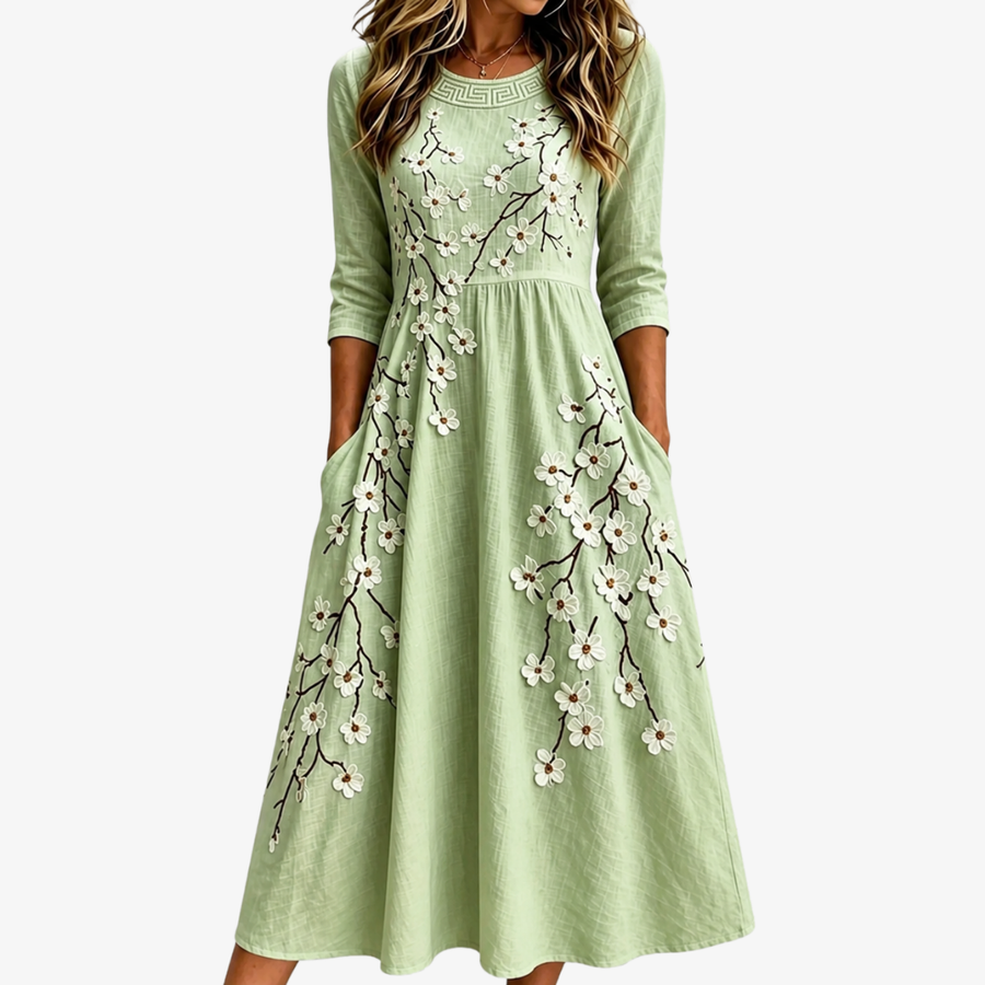 Pocket Sage Blossom Garden Midi Dress - women's midi dress