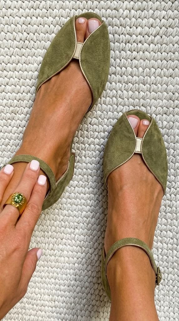 Open-Toe Suede Flats with Metallic Trim