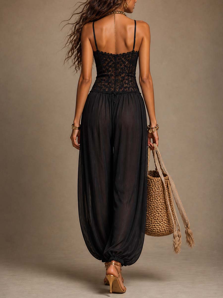 Black Lace Halter Harem Jumpsuit