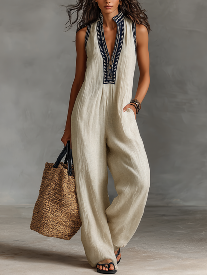 Embroidered Stand-Collar Sleeveless Jumpsuit