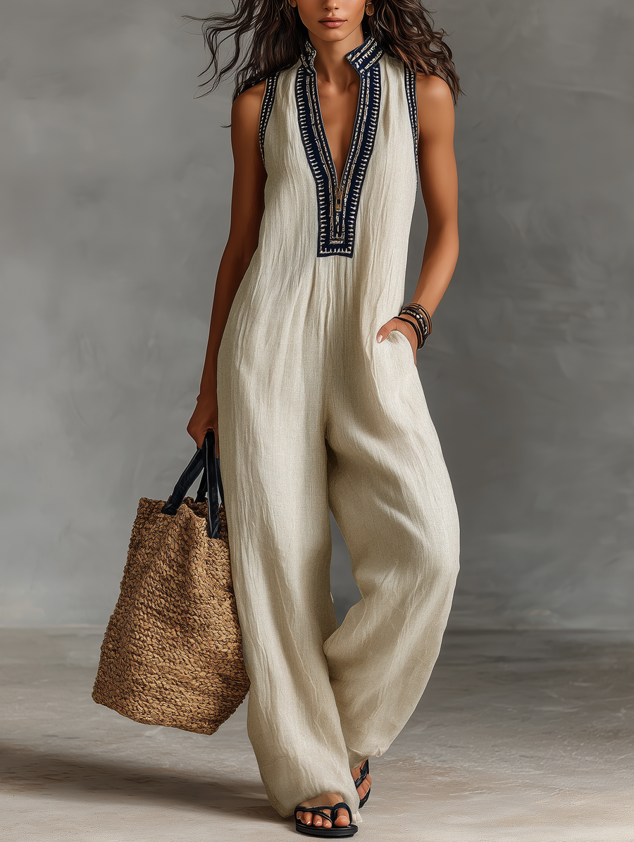 Embroidered Stand-Collar Sleeveless Jumpsuit