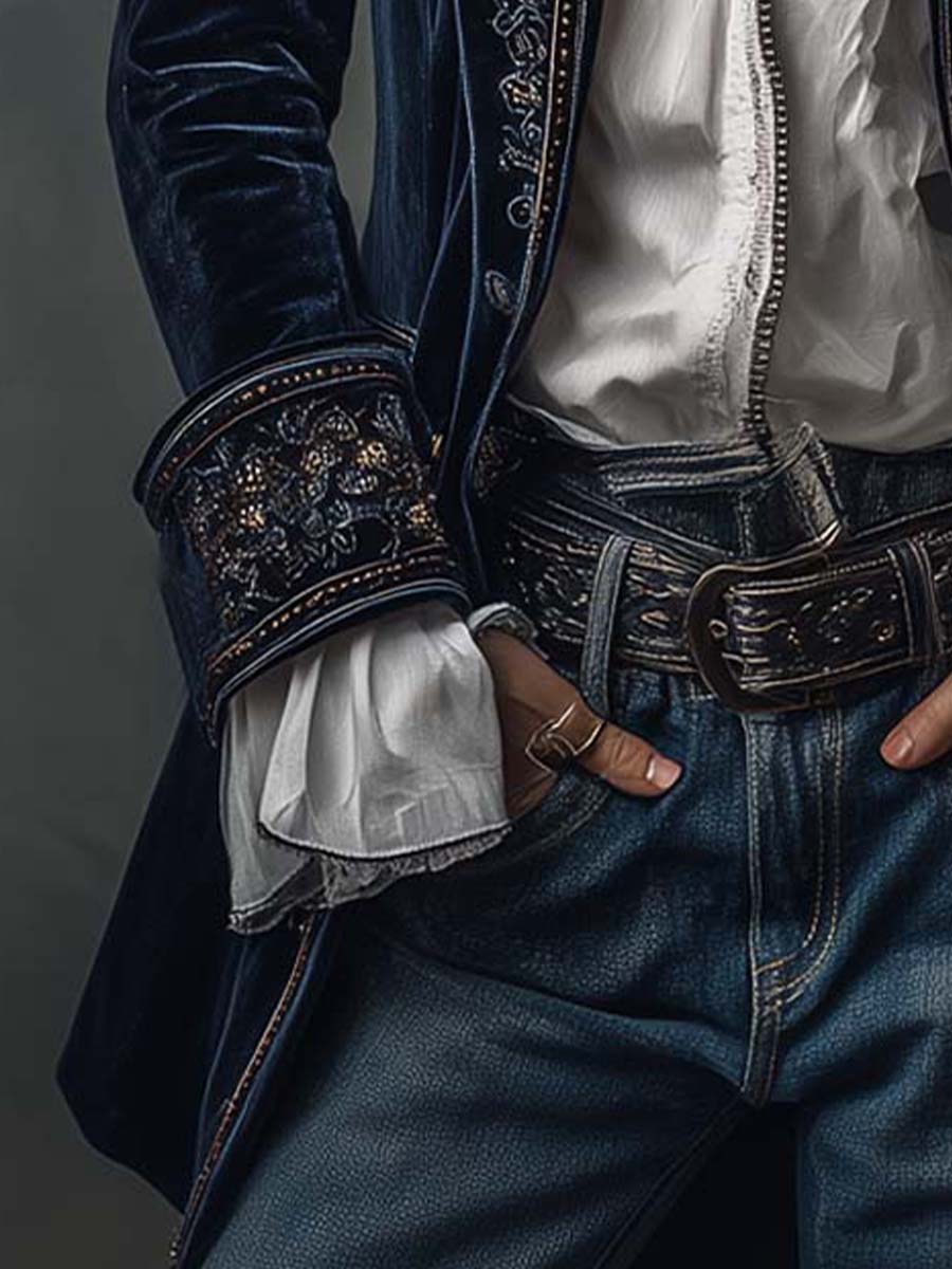 Mira | Vintage Navy Embroidered Longline Jacket