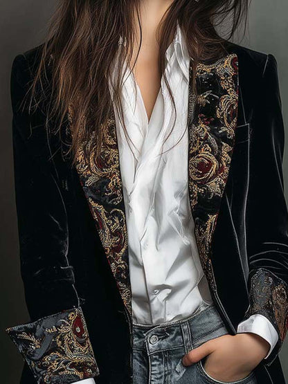 Dahlia | Black Baroque Print Lapel Slim Fit Blazer