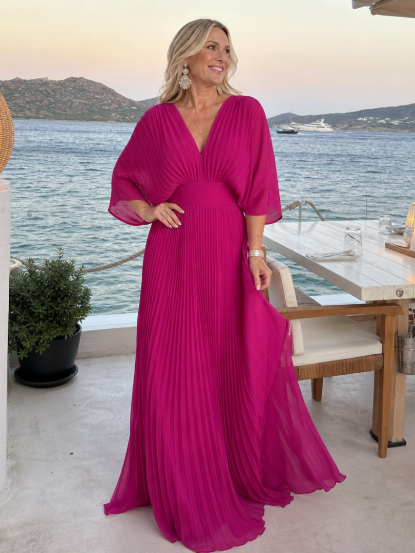 Semorph | V Neck Long Sleeve Pleated Maxi Dress