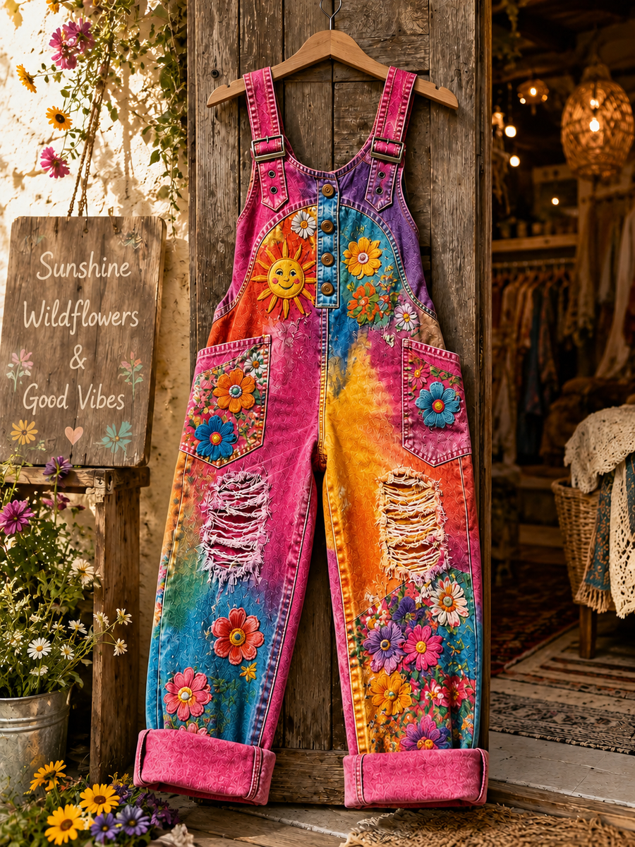 Women's Retro Art Print Denim Patchwork Jumpsuit