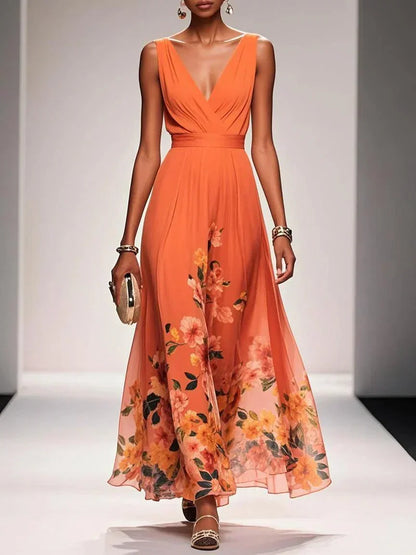 Rose | Light Blue Floral Chiffon V-Neck Maxi Dress