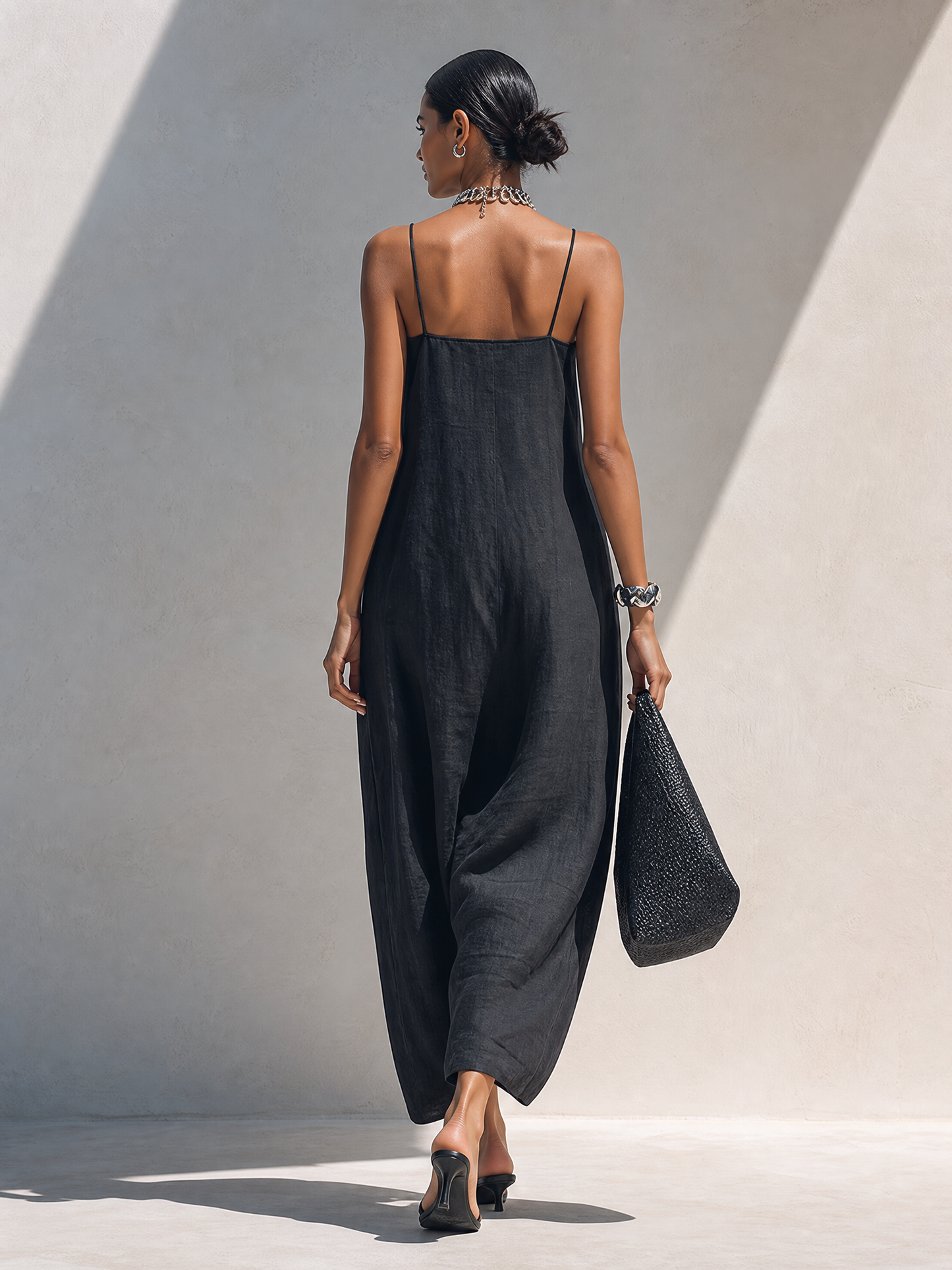 Greta | Maxi Black Dress with Gathered Neckline and Thin Straps