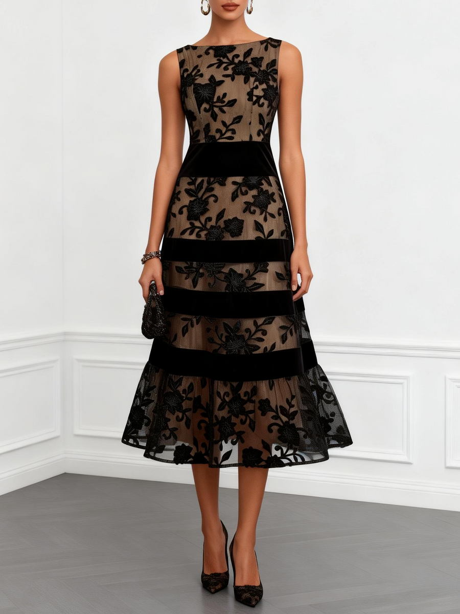 Solène | Robe midi trapèze en tulle noir à imprimé floral et sans manches