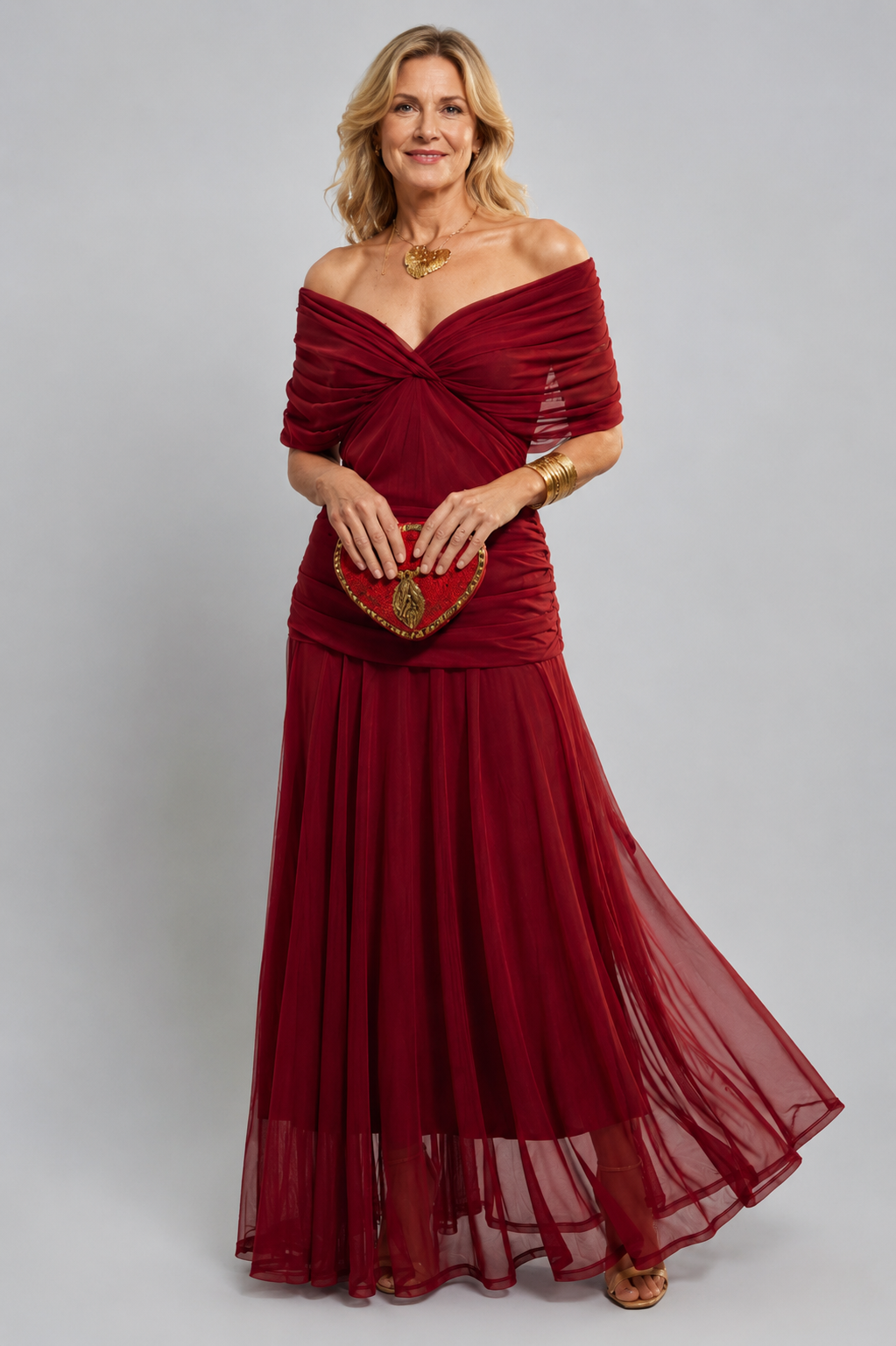 Elegant long dress with draped neckline