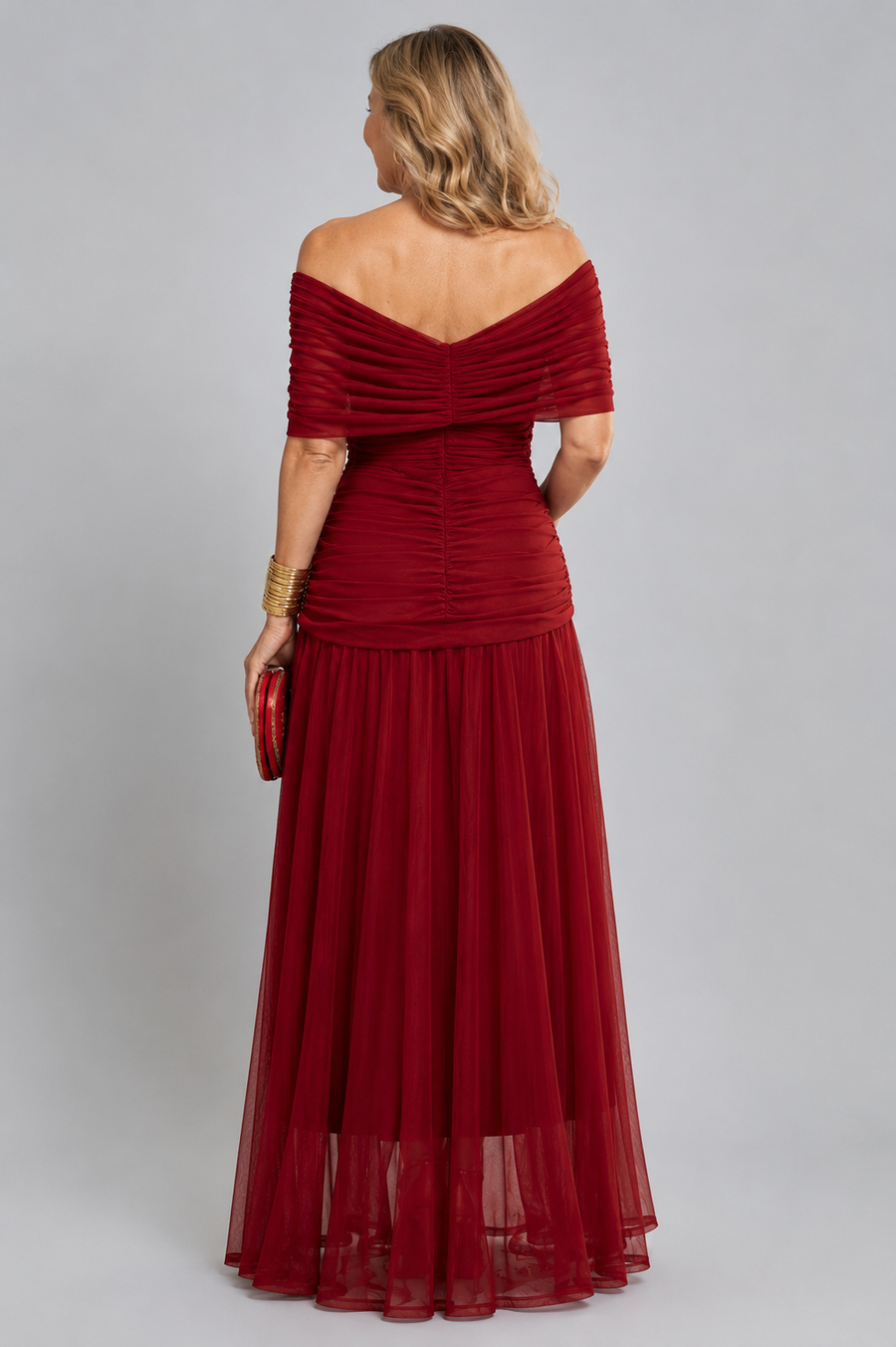 Elegant long dress with draped neckline