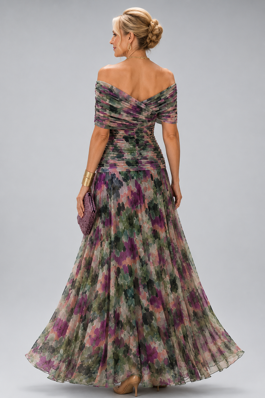 Long Floral Dress with Off-the-Shoulder Sleeves