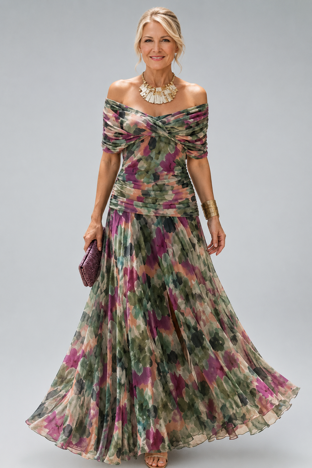 Long Floral Dress with Off-the-Shoulder Sleeves