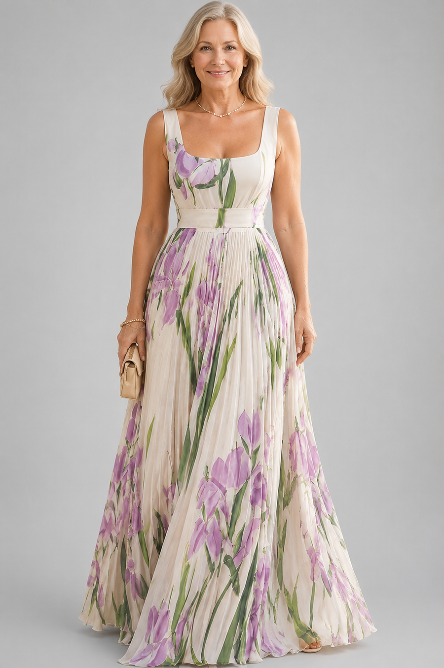 Long pleated dress with floral print