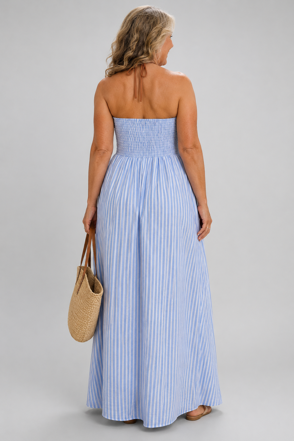Long striped dress with cut-out neckline