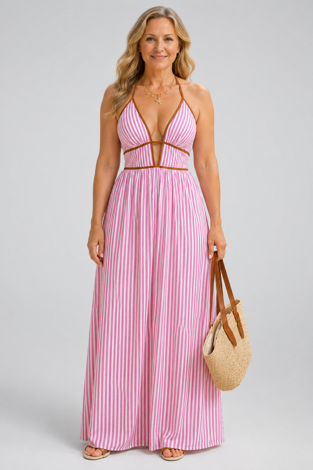 Long striped dress with cut-out neckline